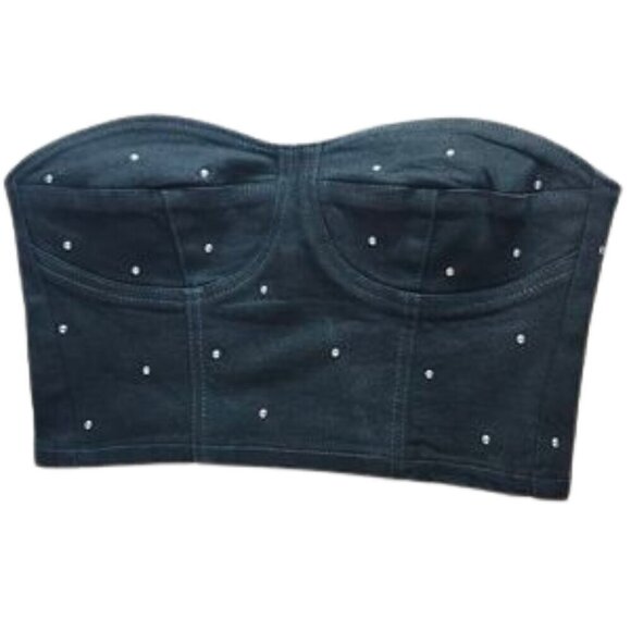 NWOT ZARA Black denim studded strapless corset crop top - Picture 1 of 9